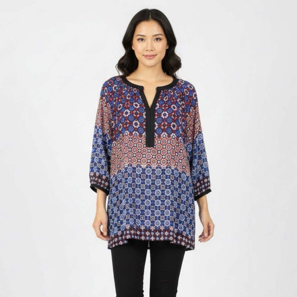 Neiman Marcus Geometric Blouse - Black, Blue, Red